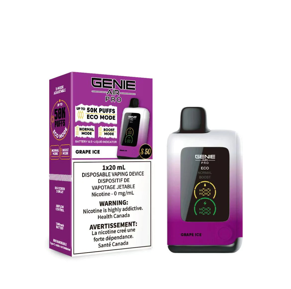 genie air pro 50k grape ice nicotine free disposable vape 0mg