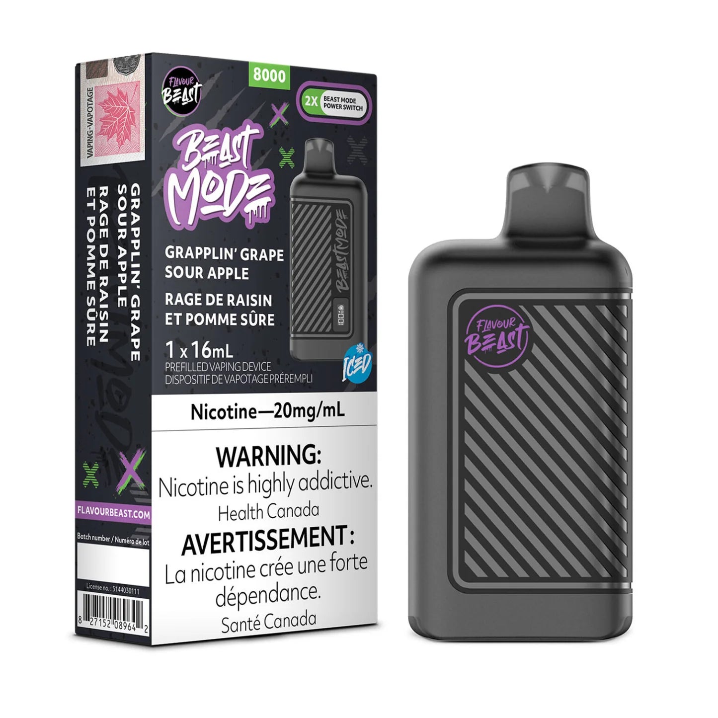 Flavour Beast Beast Mode8000 Rechargeable Vape Grapplin Grape Sour Apple Iced