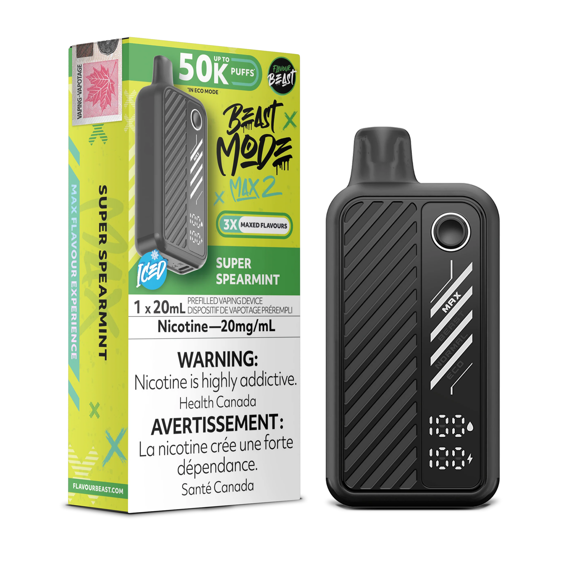 flavour beast beast mode max 2 50k disposable vapes super spearmint 20mg