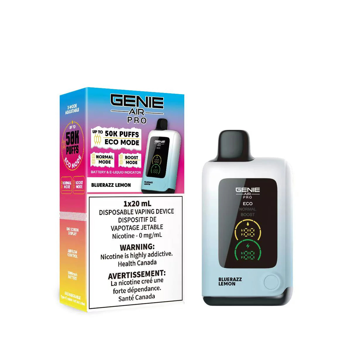genie air pro 50k blue razz lemon nicotine free disposable vape 0mg