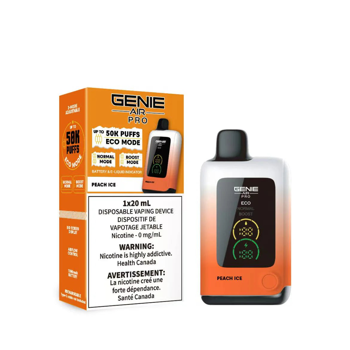 genie air pro 50k peach ice nicotine free disposable vape 0mg