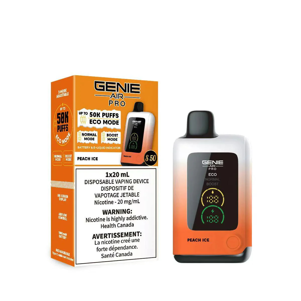 genie air pro 50k s50 peach ice disposable vape 20mg