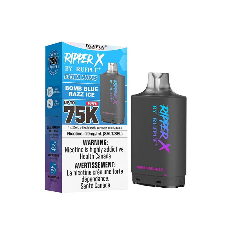 ripper x rufpuf 75k level x pods bomb blue razz ice 20mg