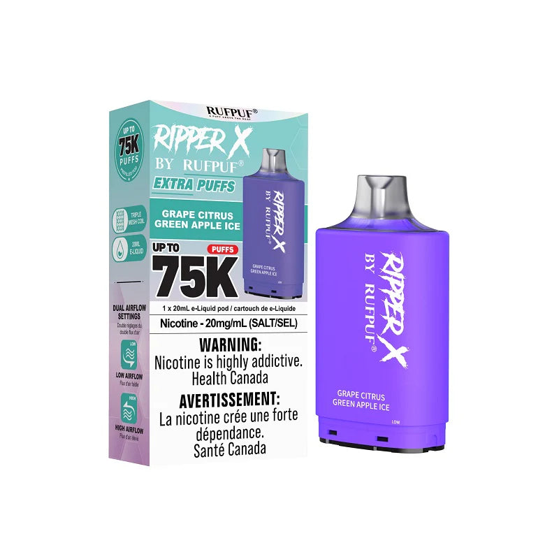 ripper x rufpuf 75k level x pods grape citrus green apple ice 20mg